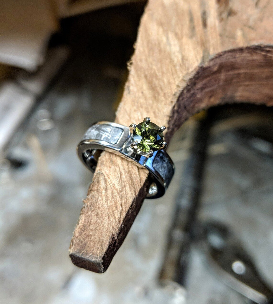 Authentic 6mm Wide Meteorite Engagement Ring with stunning Moldavite Round Center