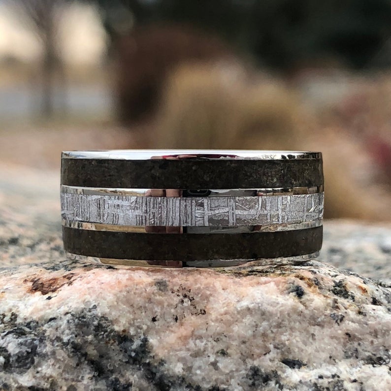 Authentic Tyrannosaurus & Meteorite Ring Dinosaur Bone Groom's Wedding Band