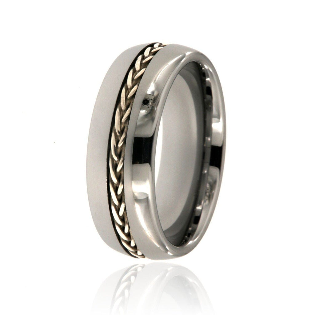 8mm Heavy Tungsten Carbide Men's Ring With High Polish Finish And Sterling Silver Braided Inlay - FREE Personalization