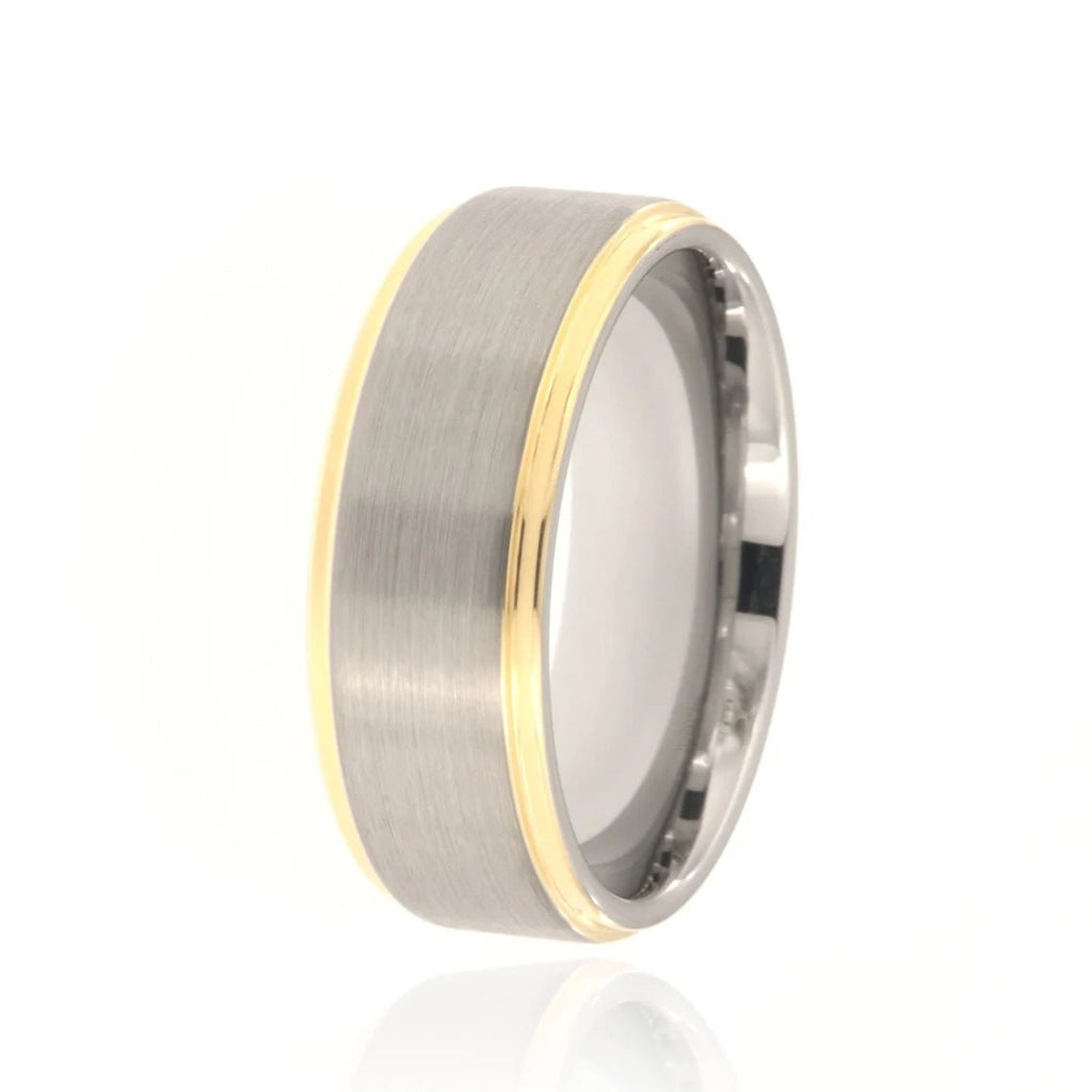 8mm Heavy Tungsten Carbide Men's Two Tone Ring, Grey Brush Band With Yellow Gold Step Edge - FREE Personalization
