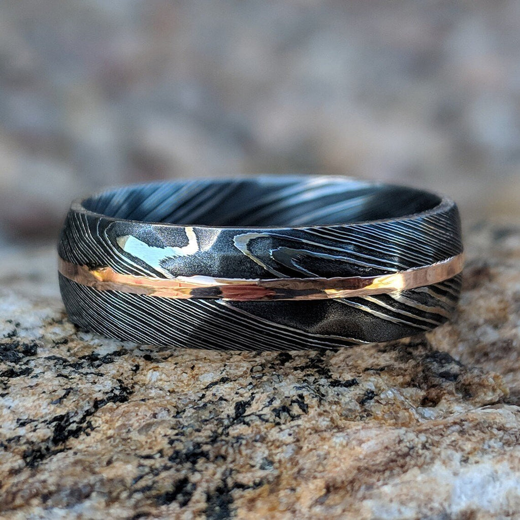 8mm Wide Hammered Damascus Steel Wedding Bands with 14k Solid Rose Gold Inlay