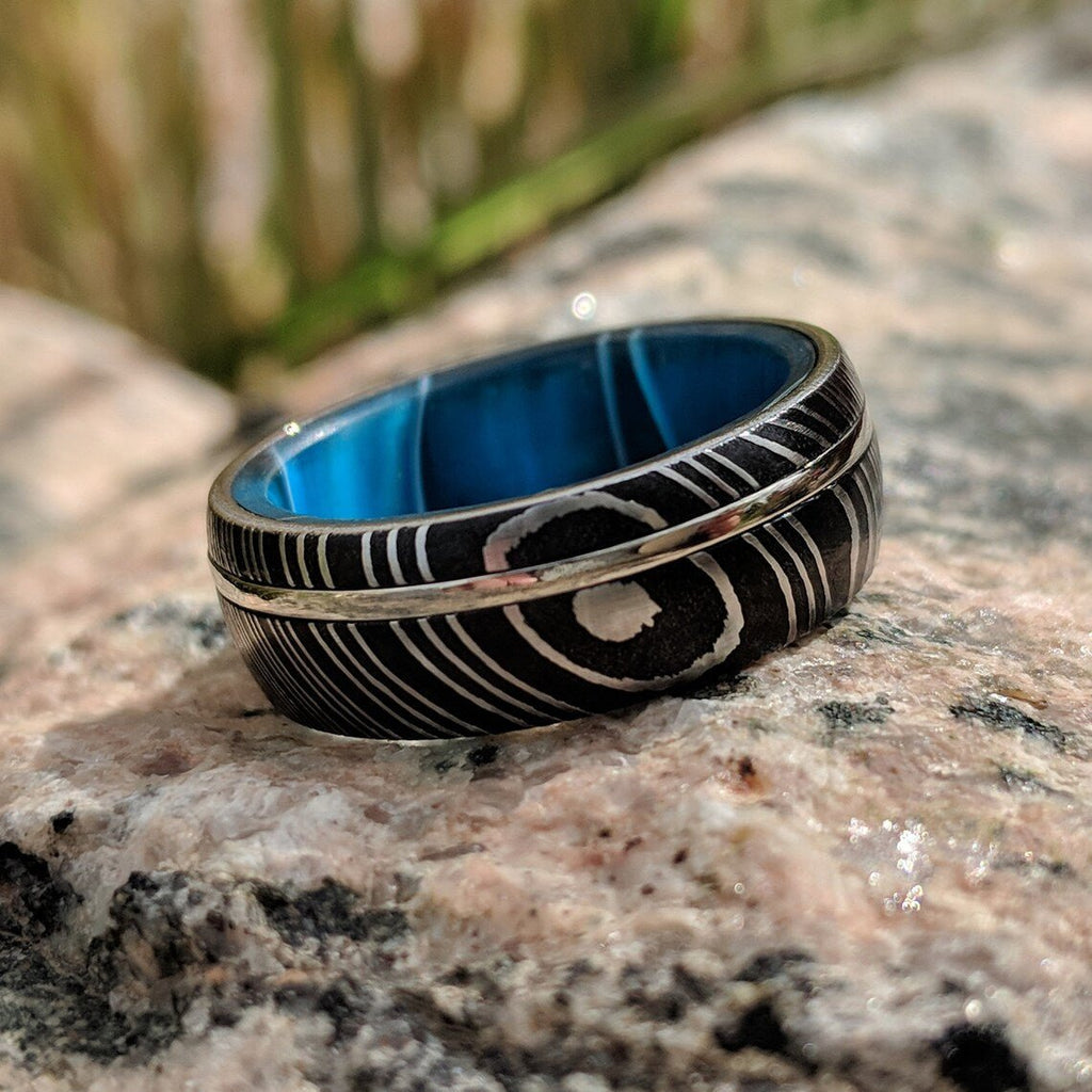 14k White Gold Damascus Wedding Band With Blue Ocean Sleeve