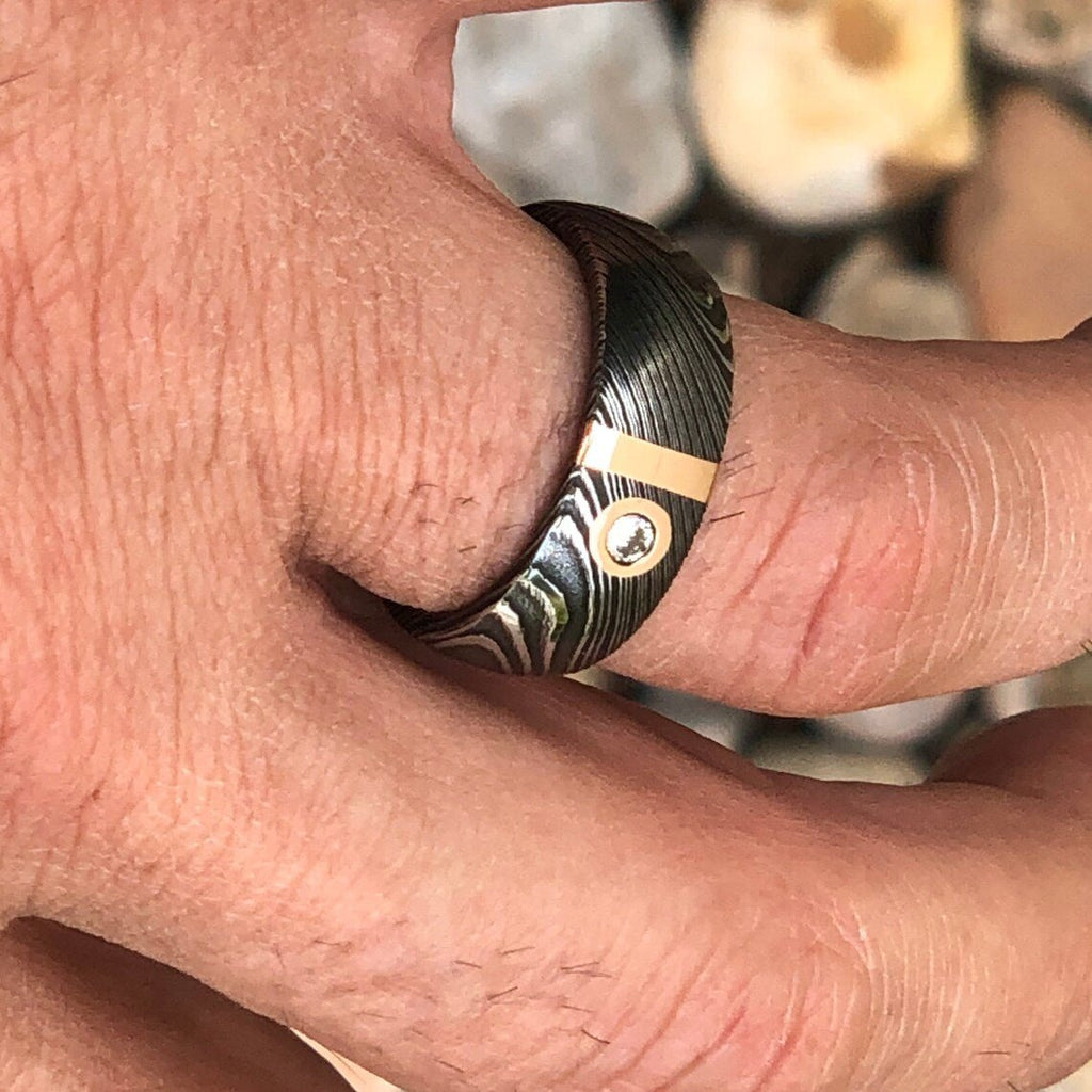 8mm Wide Damascus Steel Band with 14k Solid Rose Gold Inlay And Genuine Diamond