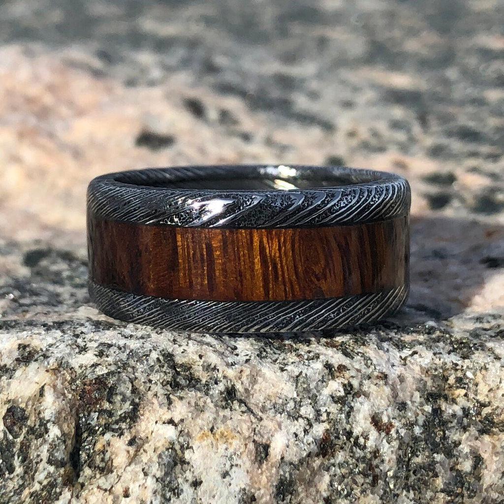 Wide 10mm Damascus Steel Wedding Band With Ironwood Sleeve Inlay