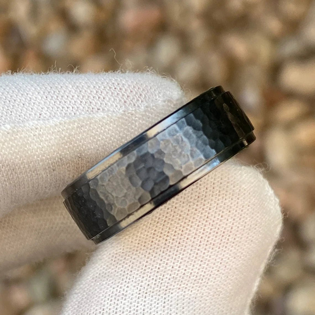 Men's Black Titanium Wedding Bands Hammered Finish Whiskey Rings
