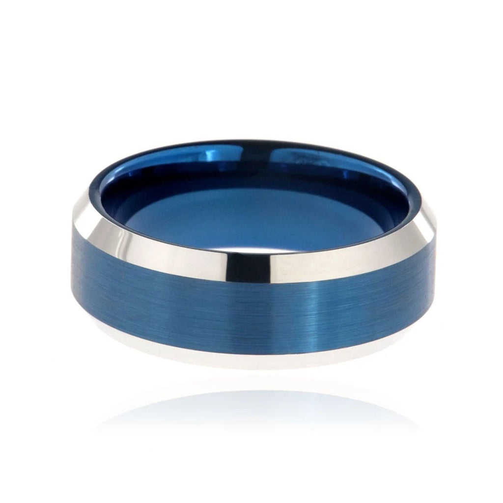 8mm Heavy Tungsten Carbide Men's Ring, Brush Finish Blue Anodizing And High Polished Beveled Edges - FREE Personalization