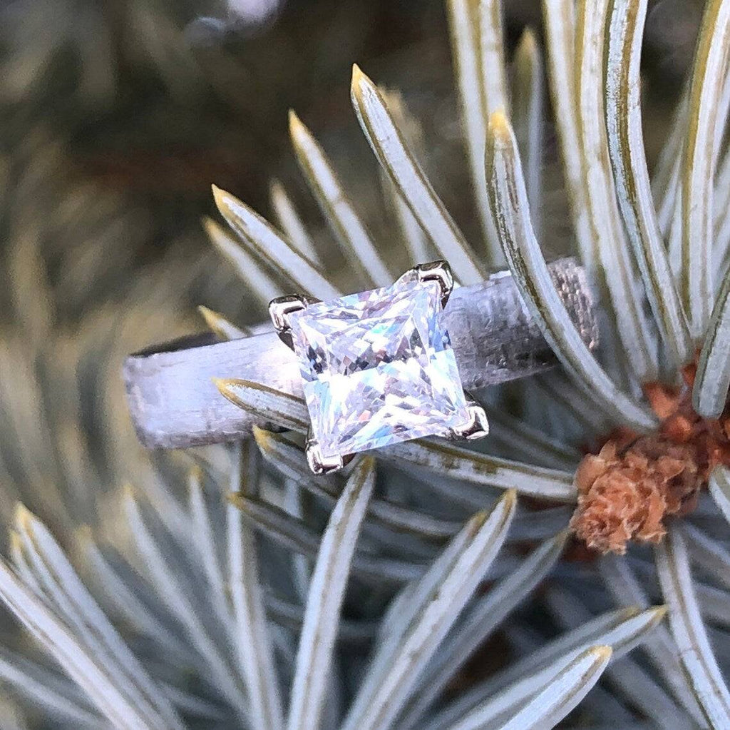 4mm Wide Meteorite Engagement Ring with stunning 1CT Moissanite Princess Center