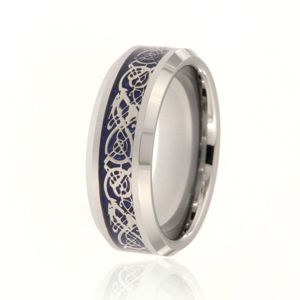 8mm Heavy Tungsten Carbide Men's Ring, Blue Celtic Earth Design, Beveled Edges And High Polished - FREE Personalization