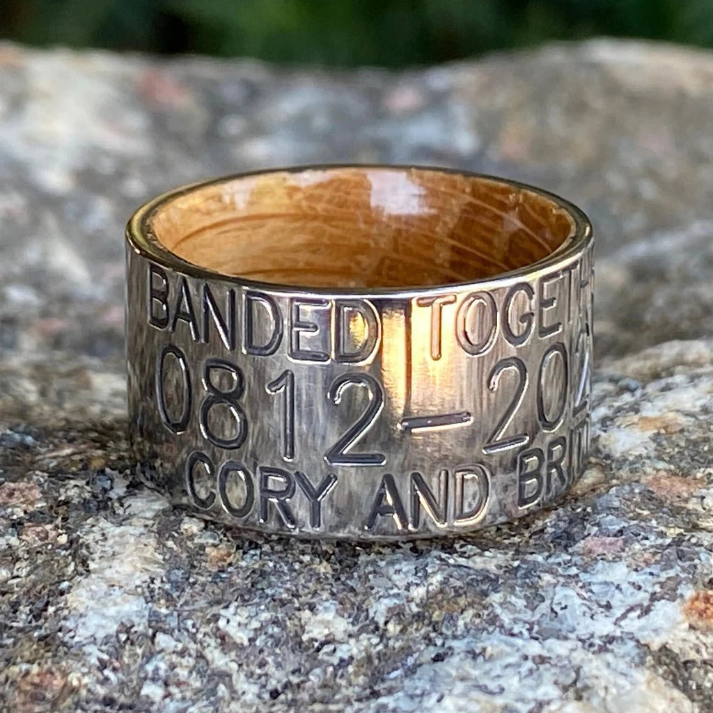 Personalized Duck Band With Whiskey Barrel Sleeve - USA Made Custom Wedding Bands & Rings