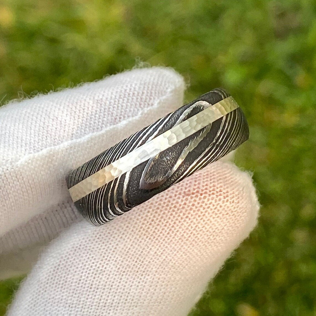 Mens Wedding Band Damascus Steel Ring Sterling Silver Inlay With Whiskey Barrel Sleeve Custom Wedding Rings