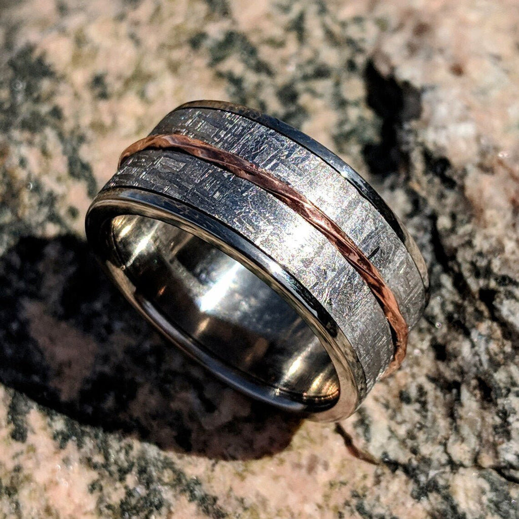 Gibeon Meteorite Ring 10mm Wide Groom's Wedding Band w/ 14k Rose Gold