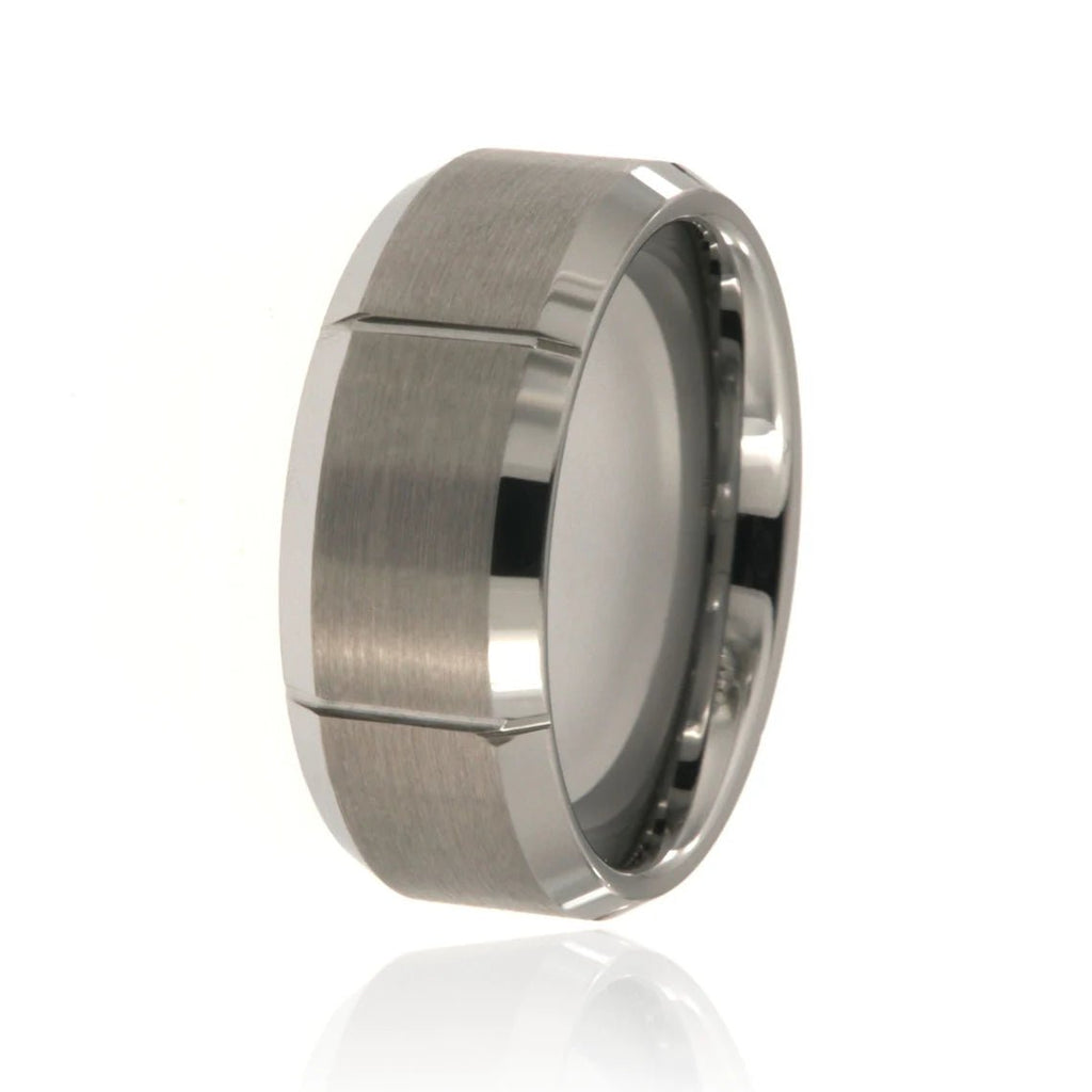 9mm Heavy Tungsten Carbide Men's Grey Ring, Grooved With Brush Finish and High Polish Beveled Edges - FREE Personalization