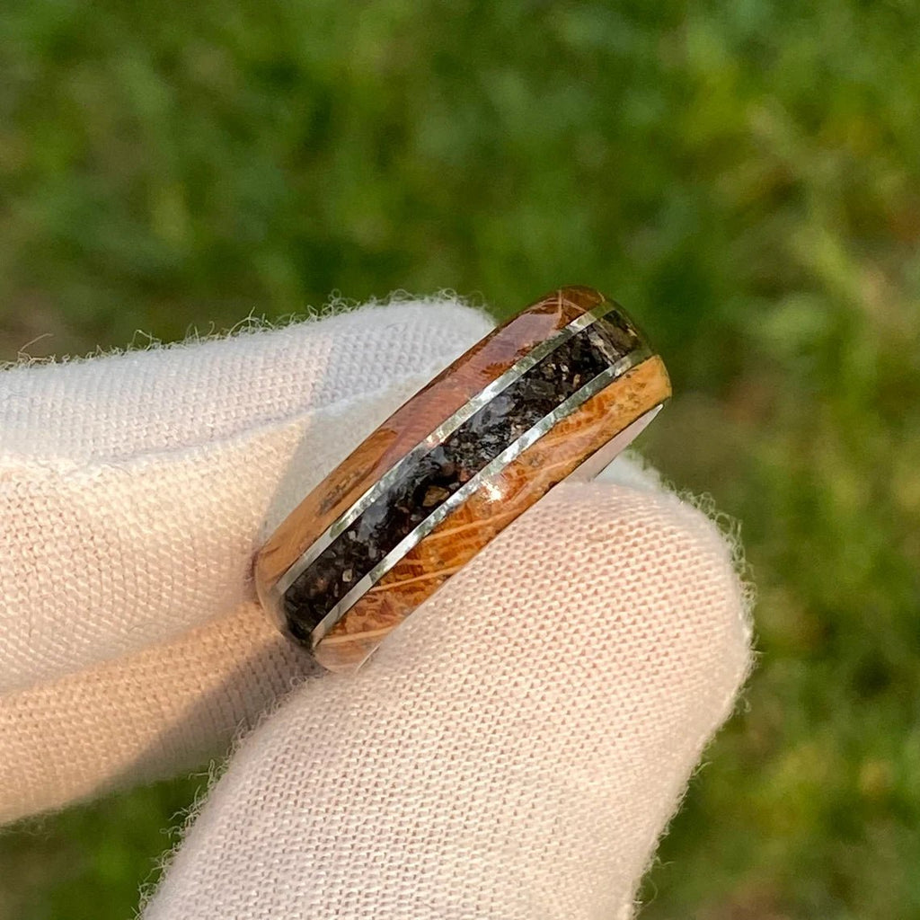 Mens Dinosaur Bone and Whiskey Barrel Ring, Custom Made Authentic Wedding Bands 8mm