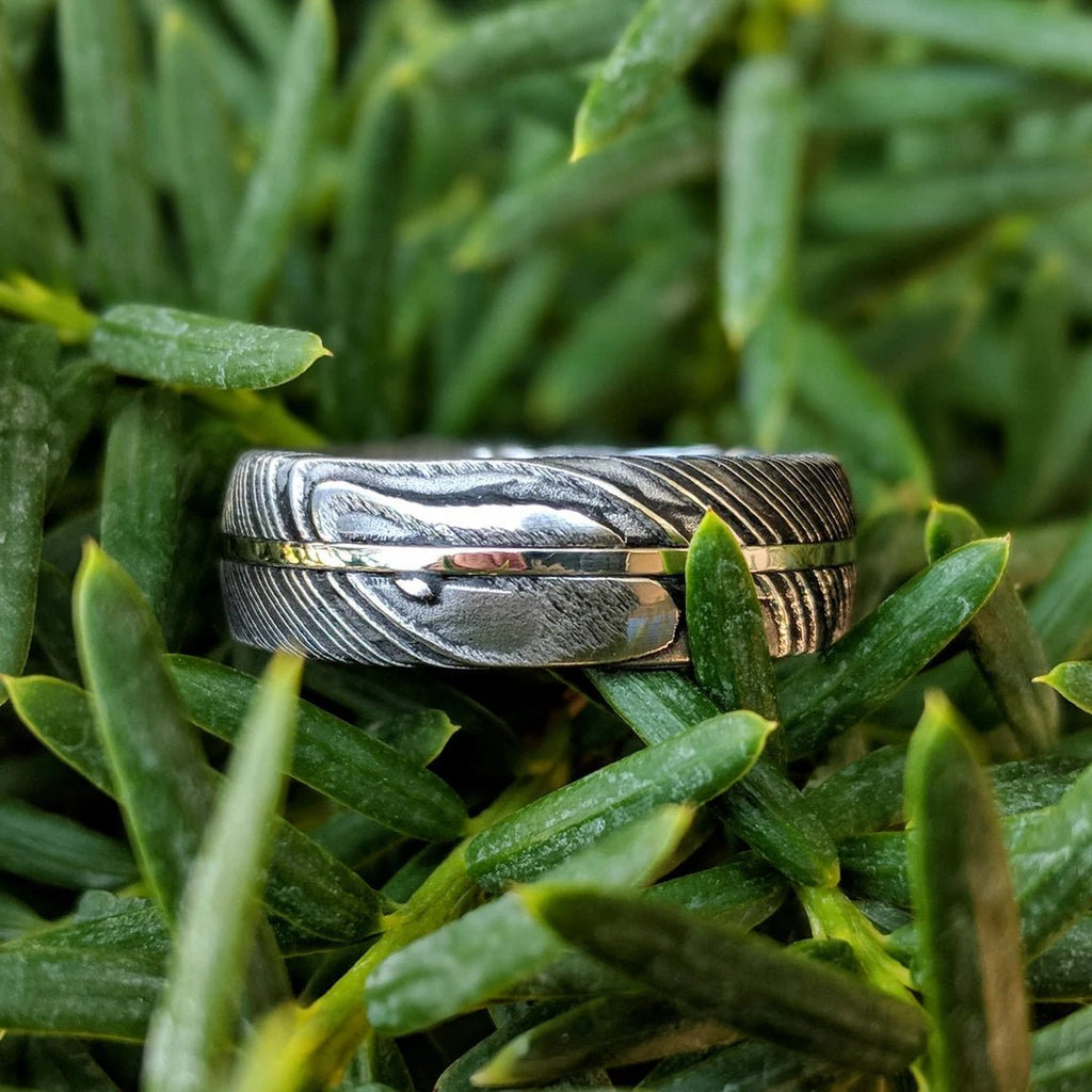 7mm Wide Damascus Steel Ring with 14k Solid White Gold Inlay