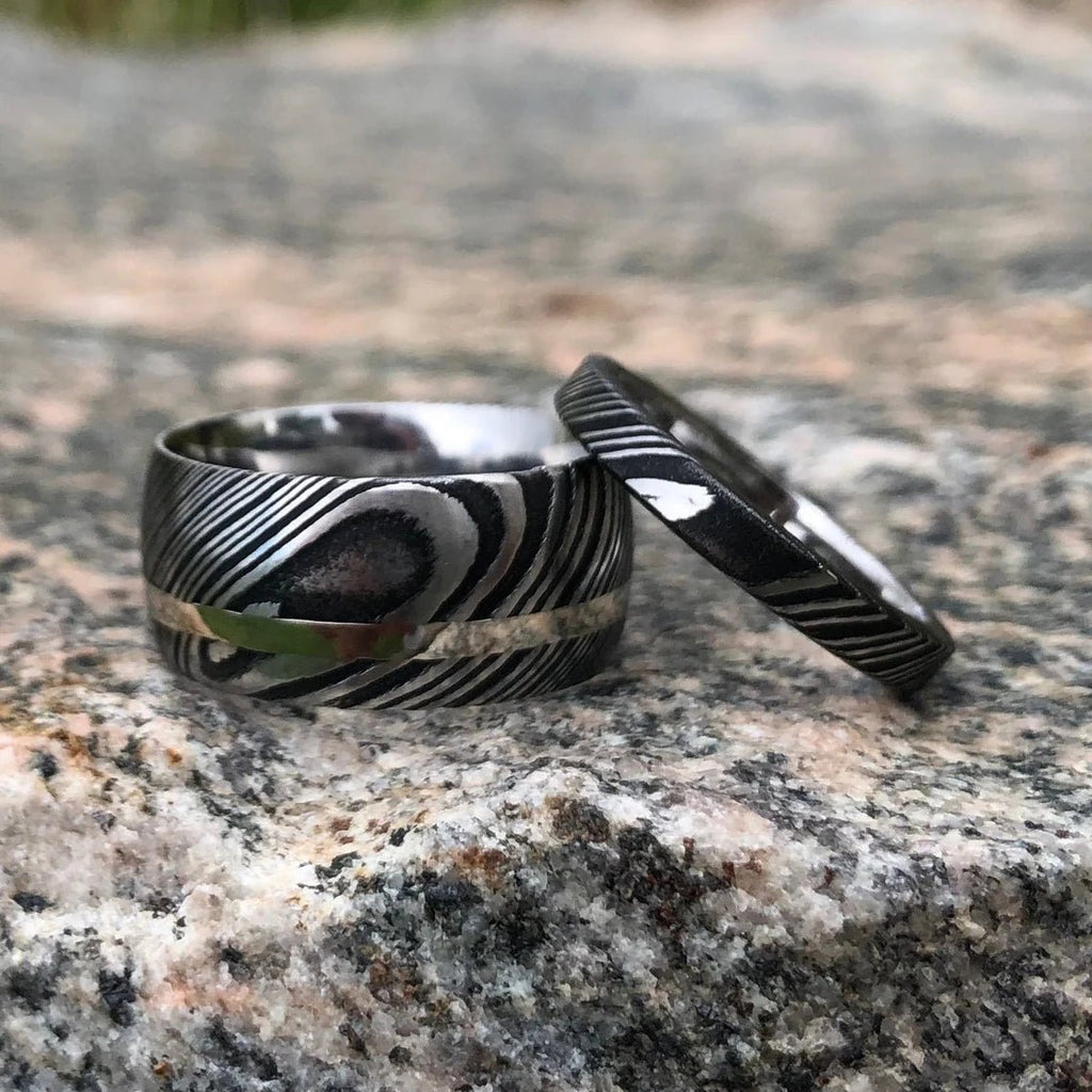 Matching Damascus Rings with 14k White Gold Inlay and Woodgrain Finish, Damascus Rings