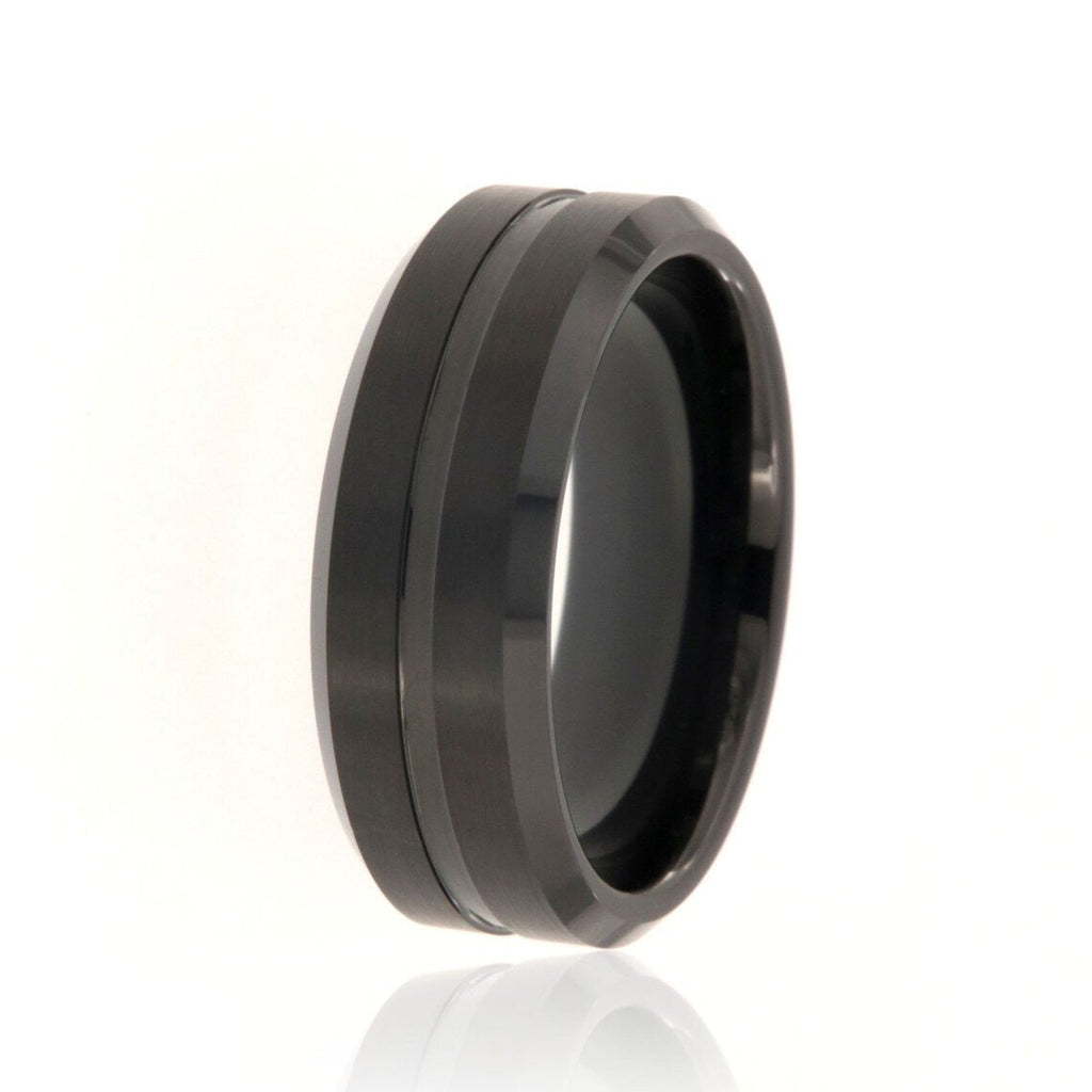 8mm Tungsten Carbide Men's Ring, Brush Finish With Polished Beveled Edges And Center Groove - FREE Personalization