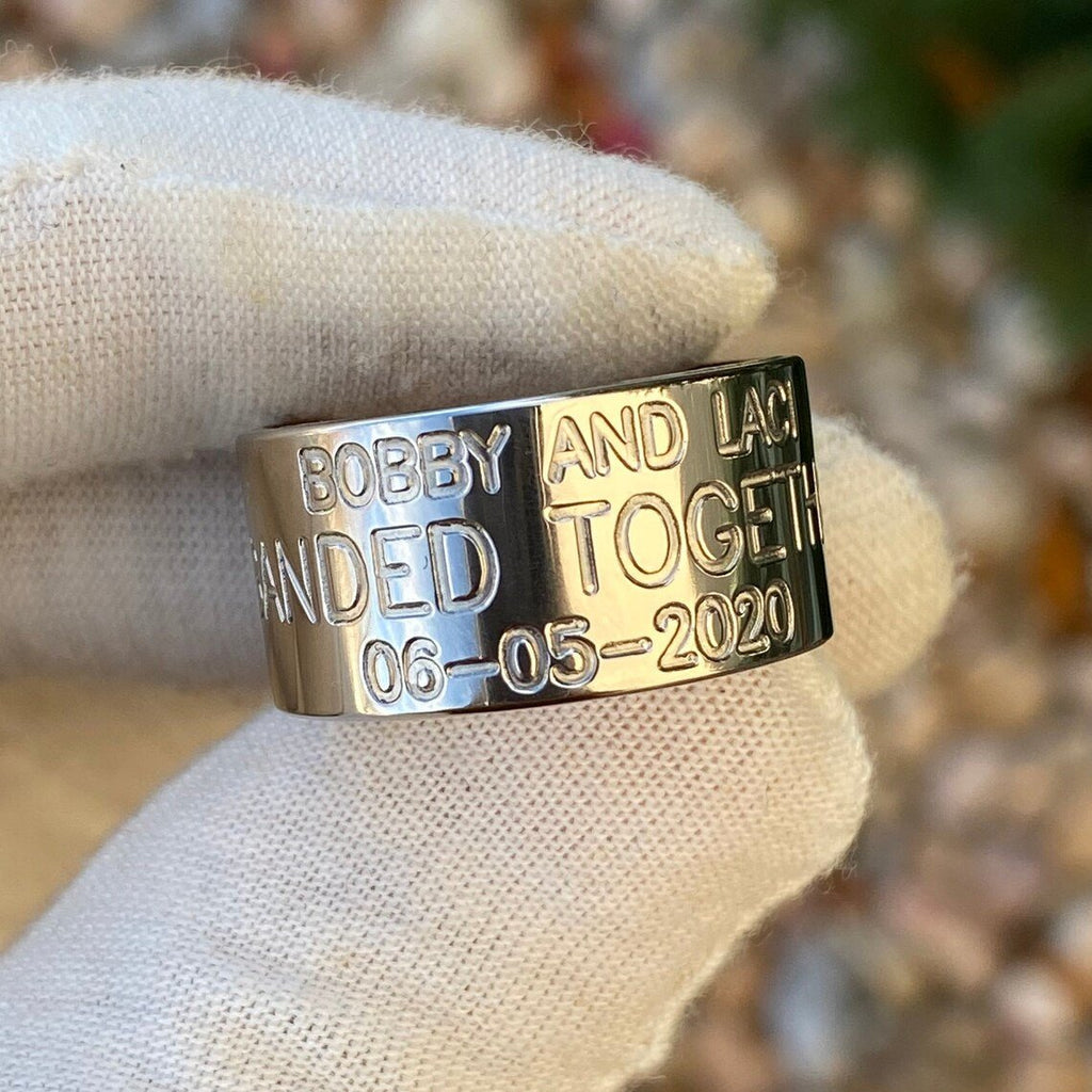 12mm Wide Personalized Duck Band With Whiskey Barrel Sleeve - USA Made Custom Wedding Bands & Rings