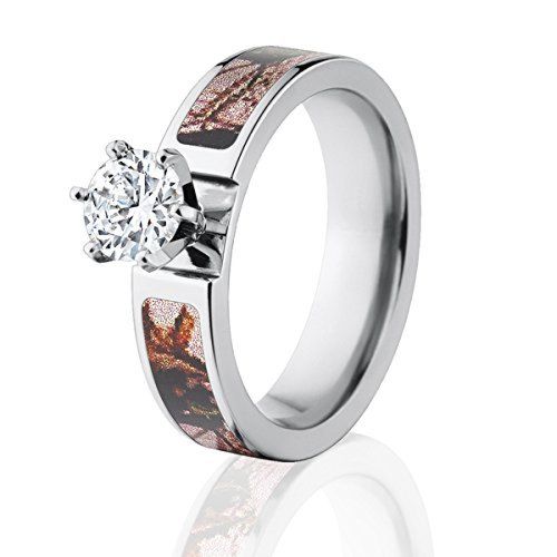 Mossy Oak Pink Break Up Engagement Camo Rings, Round CZ