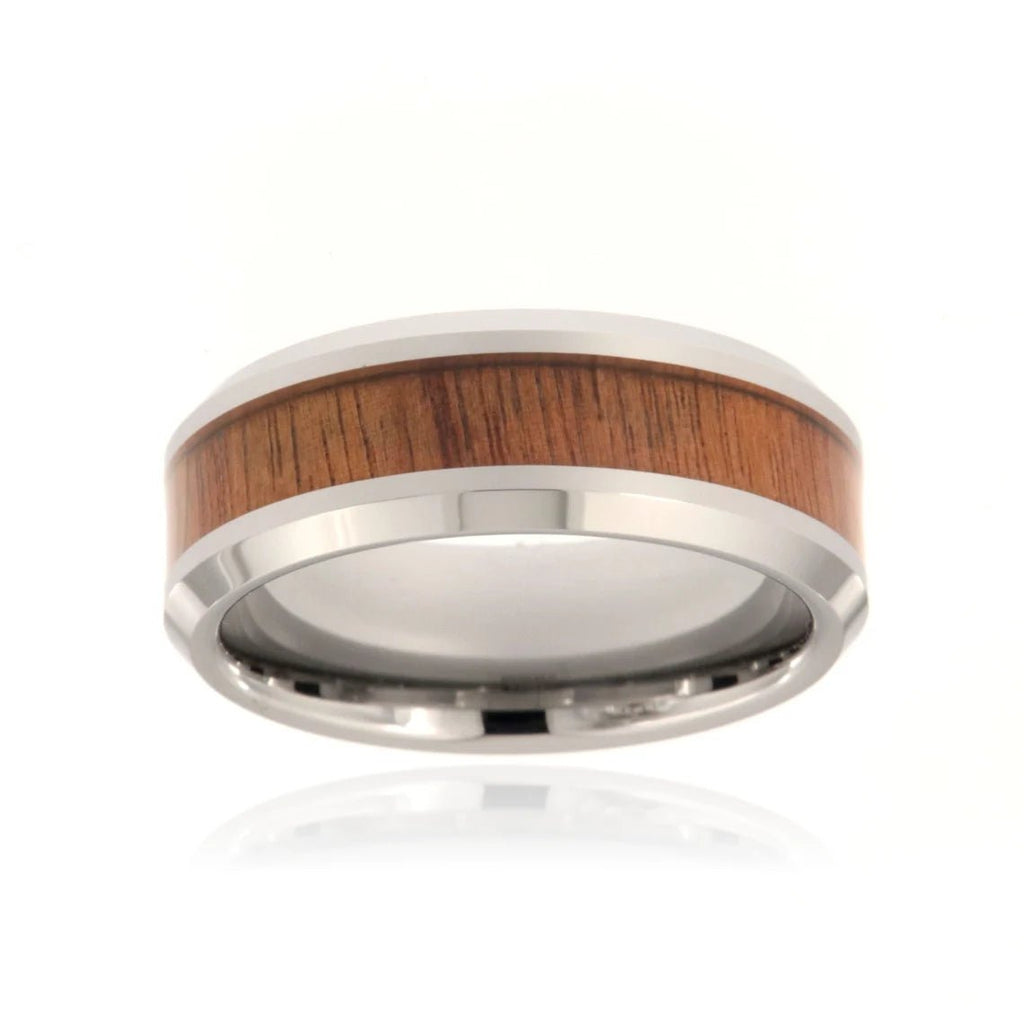 8mm Heavy Tungsten Carbide Men's Ring With Wood Inlay and High Polished Beveled Edges - FREE Personalization
