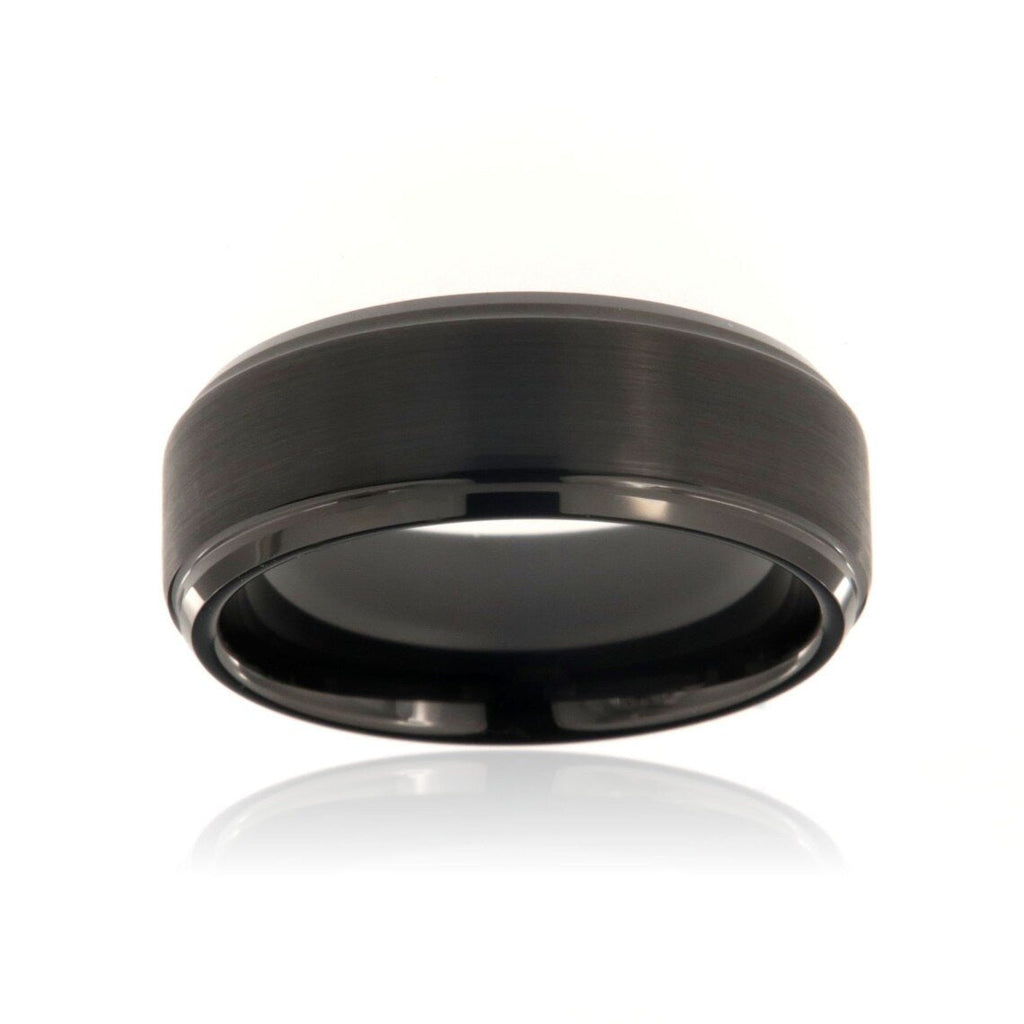 8mm Heavy Tungsten Carbide Men's Ring, Step Edge With Matte Black Finish - FREE Personalization
