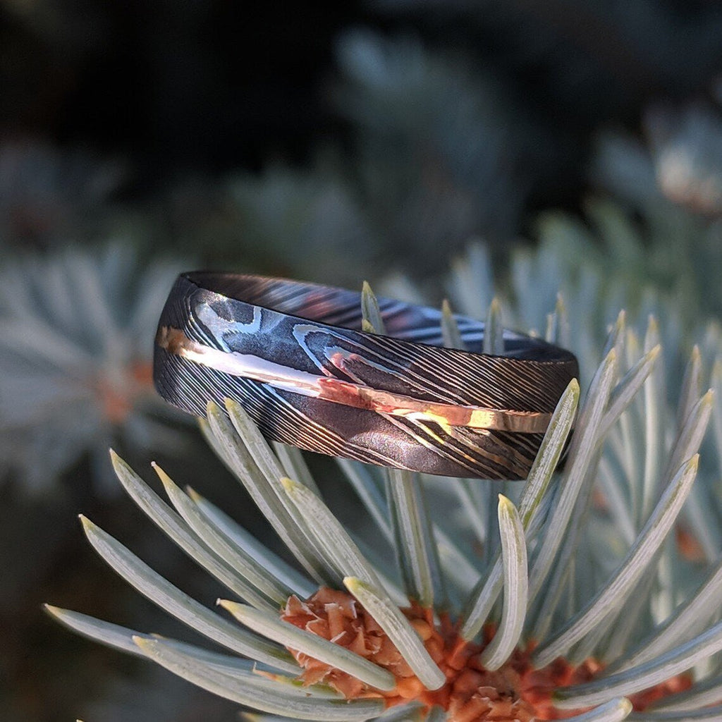 8mm Wide Hammered Damascus Steel Wedding Bands with 14k Solid Rose Gold Inlay