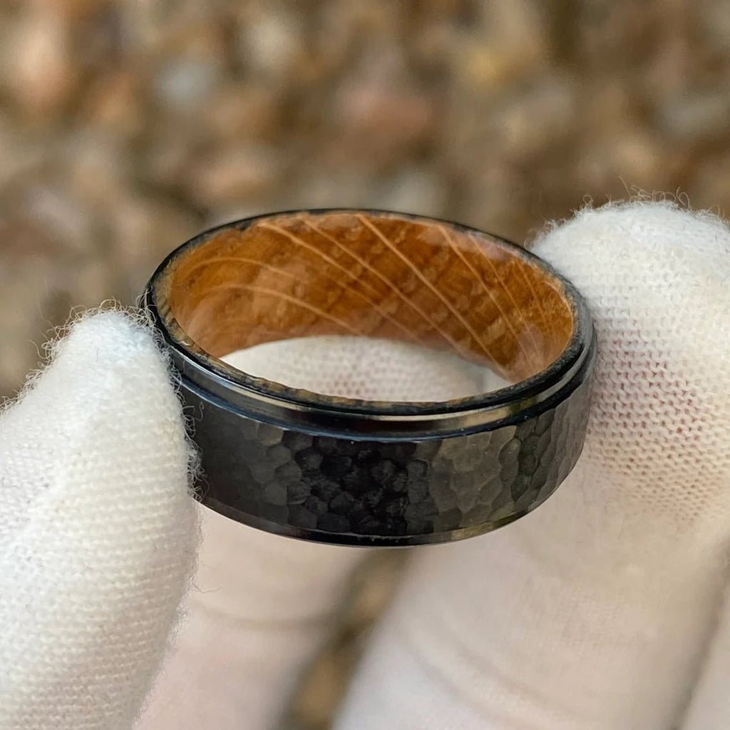 Men's Black Titanium Wedding Bands Hammered Finish Whiskey Rings