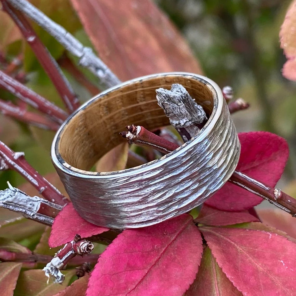 Whiskey Barrel Ring with Tree Bark Finish Custom Cobalt Wedding Band Mens Ring Mens Wedding Band USA Jewelry