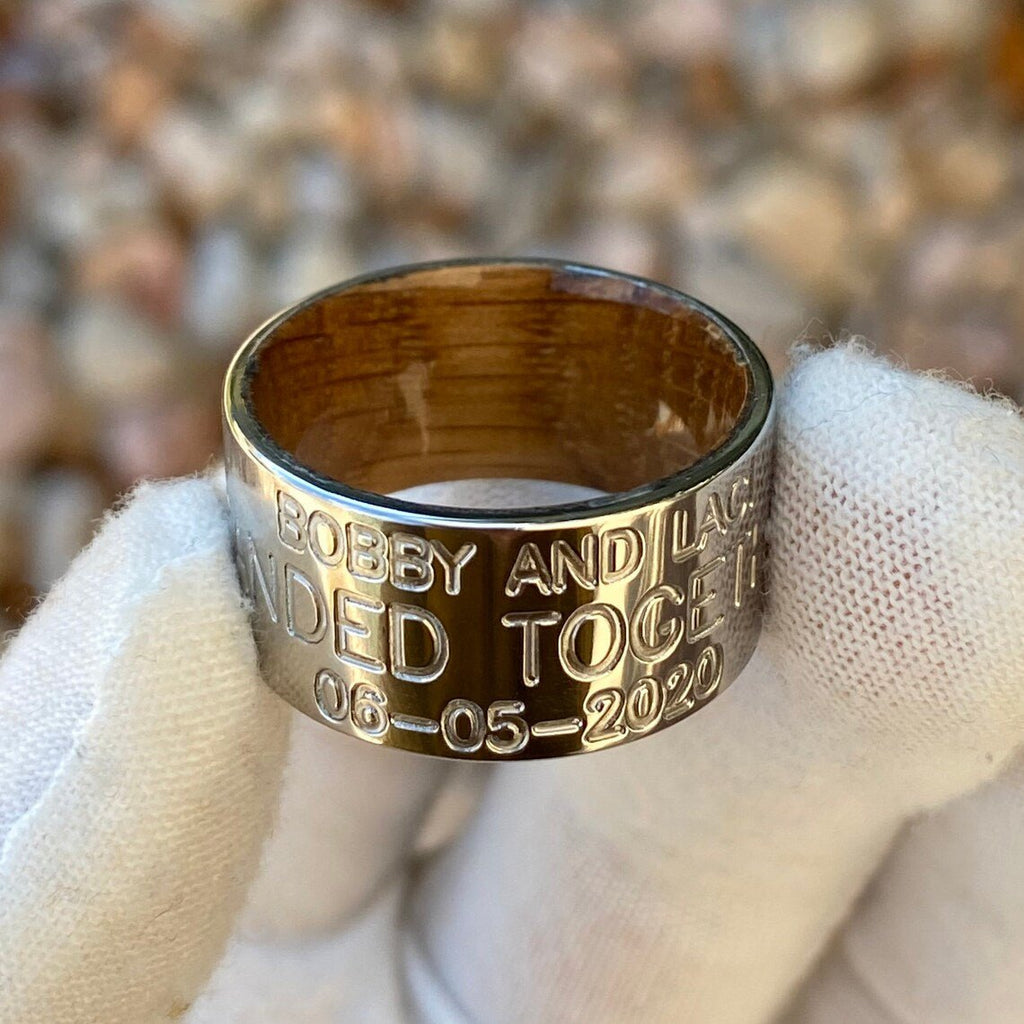 12mm Wide Personalized Duck Band With Whiskey Barrel Sleeve - USA Made Custom Wedding Bands & Rings