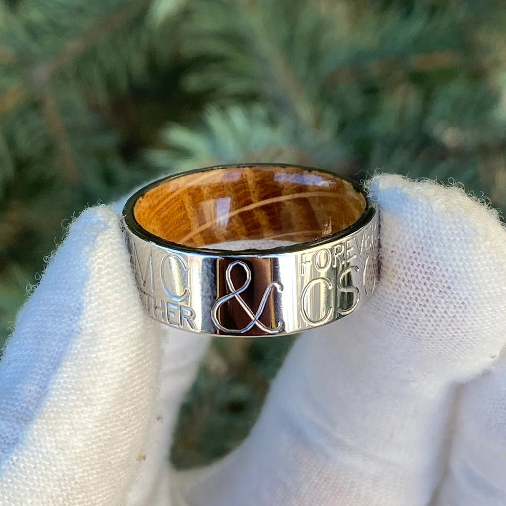 Personalized 8mm Duck Band With Whiskey Barrel Sleeve - USA Made Custom Wedding Bands & Rings