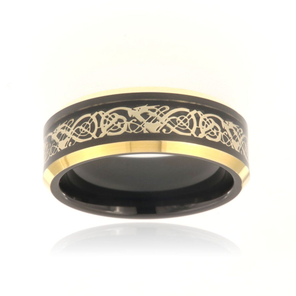8mm Heavy Tungsten Carbide Men's Ring, Yellow & Black Celtic Earth Design, Two Tone High Polished - FREE Personalization