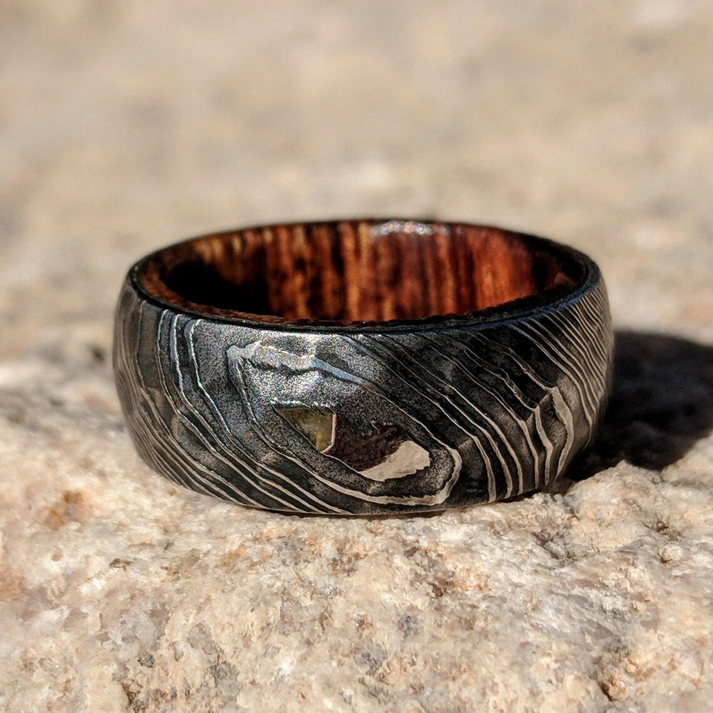 Damascus Steel Mens Wedding Band With Hammered Ironwood Sleeve