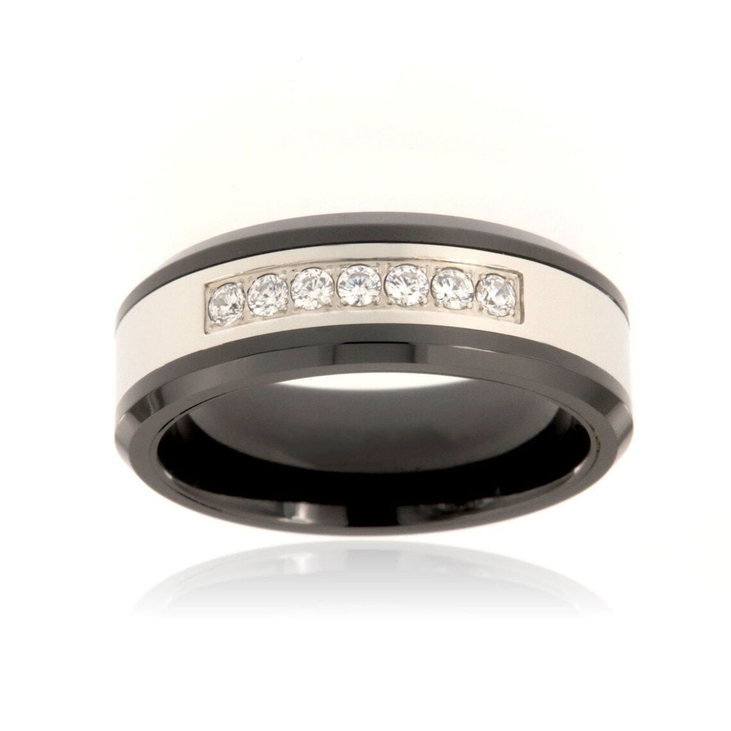 8mm Tungsten Carbide Men's Ring With Two Tone High Polish Finish, Beveled Edges And AAA Zircon Inlay - FREE Personalization
