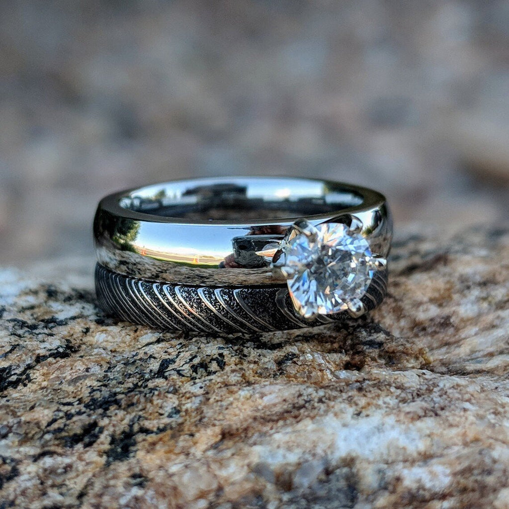 Damascus Steel Cobalt Chrome Engagement Ring- Damascus Wedding Bands