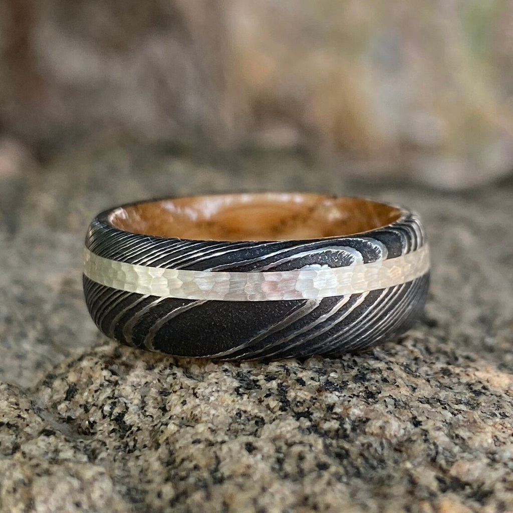 Mens Wedding Band Damascus Steel Ring Sterling Silver Inlay With Whiskey Barrel Sleeve Custom Wedding Rings