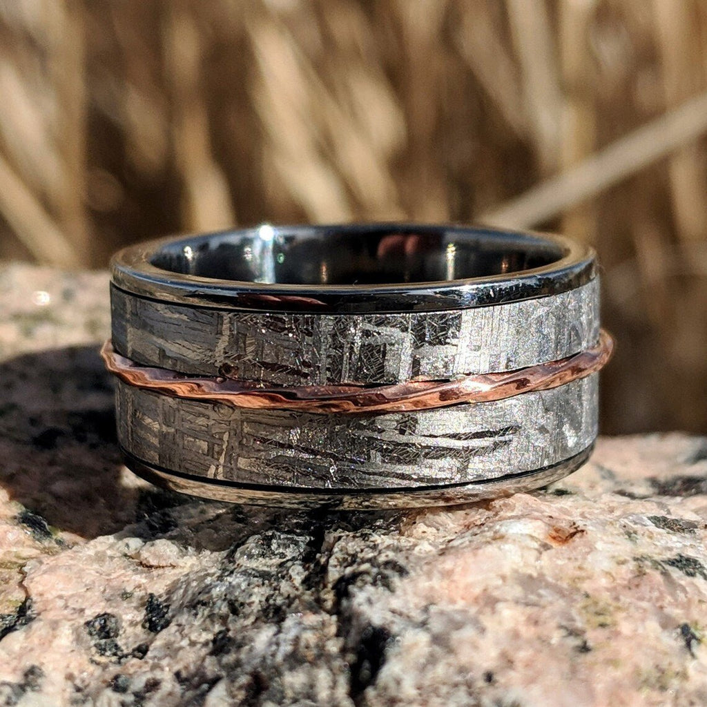 Gibeon Meteorite Ring 10mm Wide Groom's Wedding Band w/ 14k Rose Gold