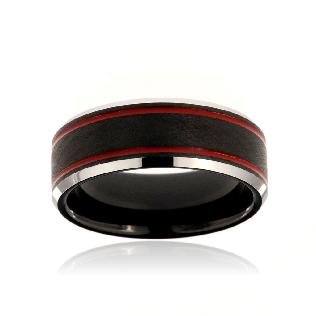 8mm Heavy Tungsten Carbide Men's Ring, Double Red Groove With Black Mixed Brush Finish Center Band - FREE Personalization