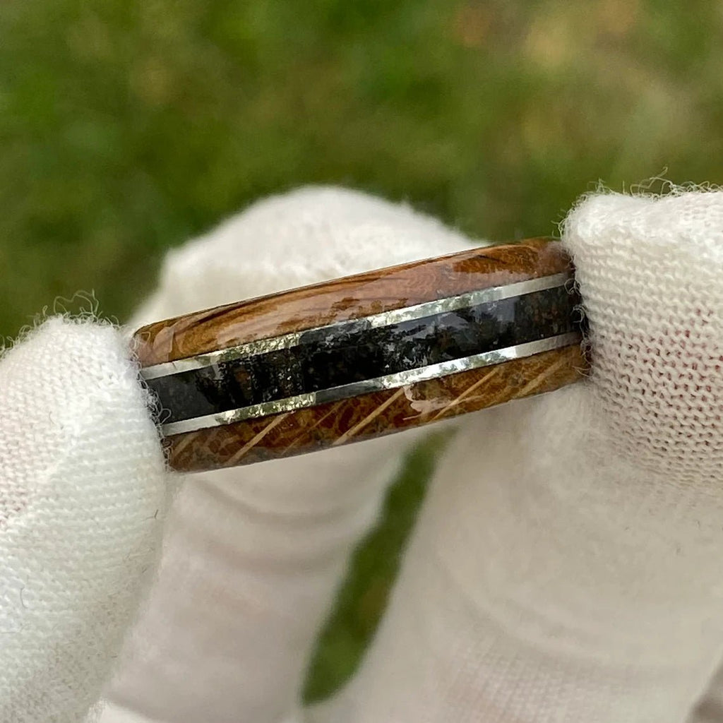 Mens Dinosaur Bone and Whiskey Barrel Ring, Custom Made Authentic Wedding Bands 8mm