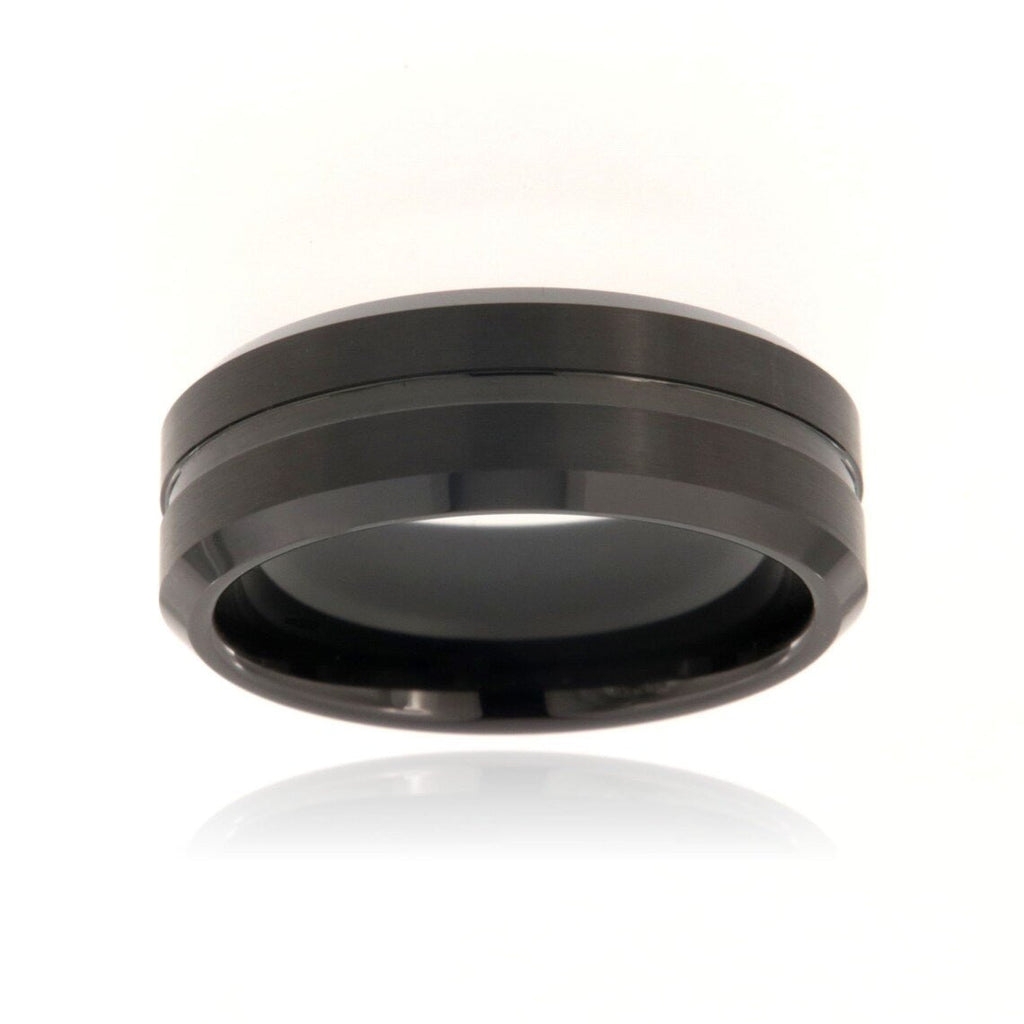 8mm Tungsten Carbide Men's Ring, Brush Finish With Polished Beveled Edges And Center Groove - FREE Personalization