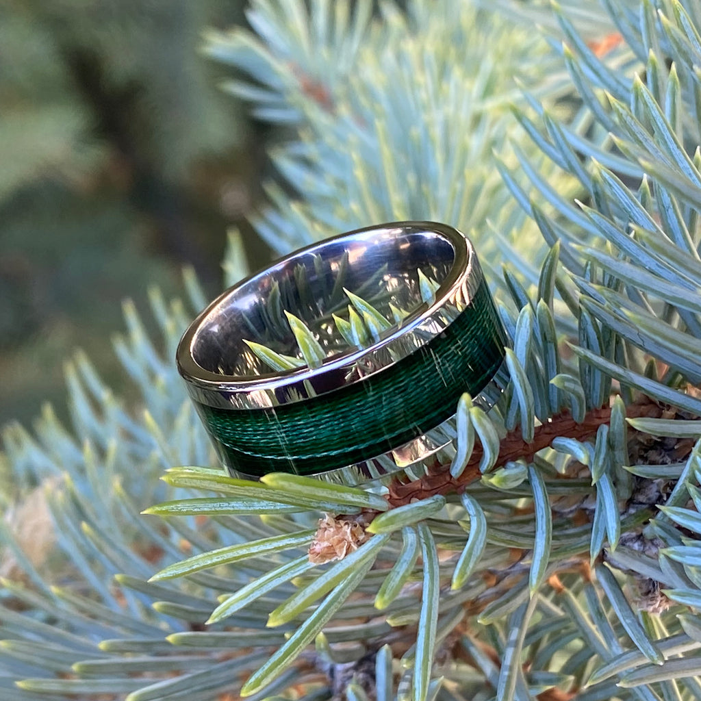 10mm Forest Green Titanium Fishing Line Ring - Custom Made Mens Wedding Bands - Polished Finish