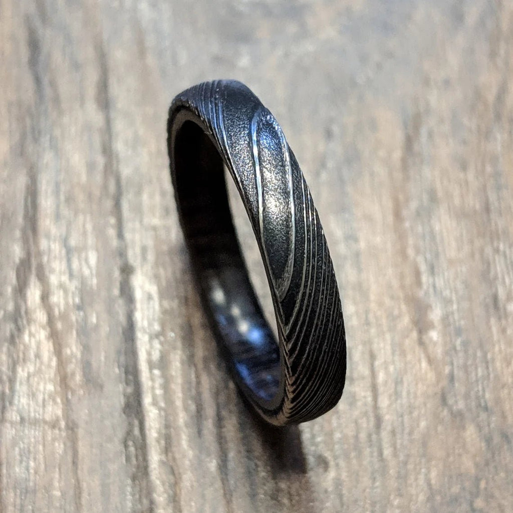 New 4mm Wide Damascus Steel Ring with Arizona Ironwood Sleeve,  Damascus Steel Band