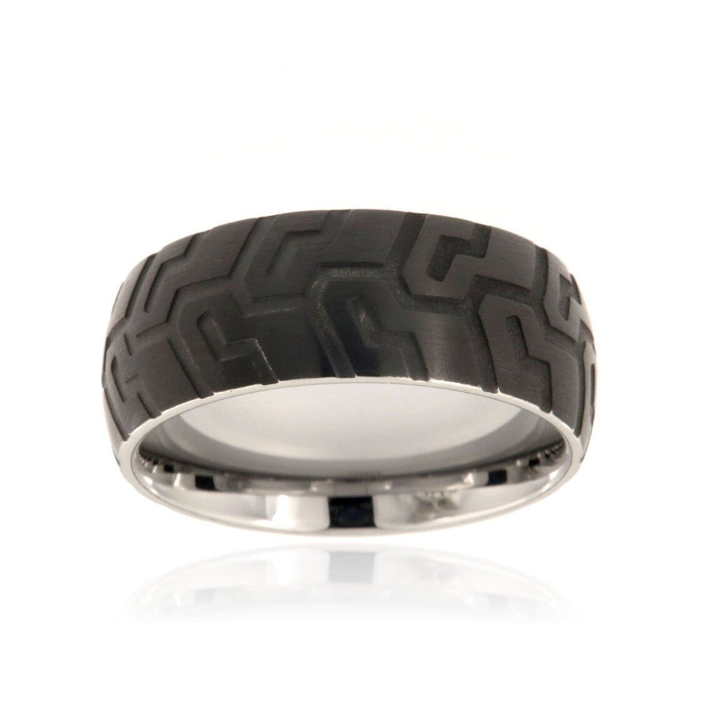 9mm Tungsten Carbide Men's Ring, Black Tire Tread Design, Brushed Finish - FREE Personalization