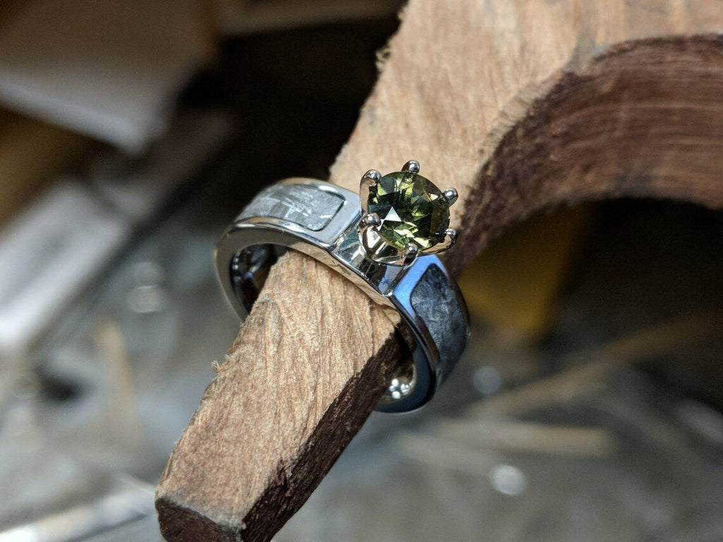 Authentic 6mm Wide Meteorite Engagement Ring with stunning Moldavite Round Center