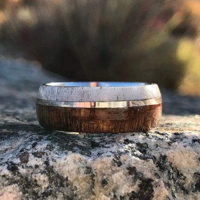Antler Rings 14k White Gold Bands w/ Arizona Ironwood and Cobalt Sleeve