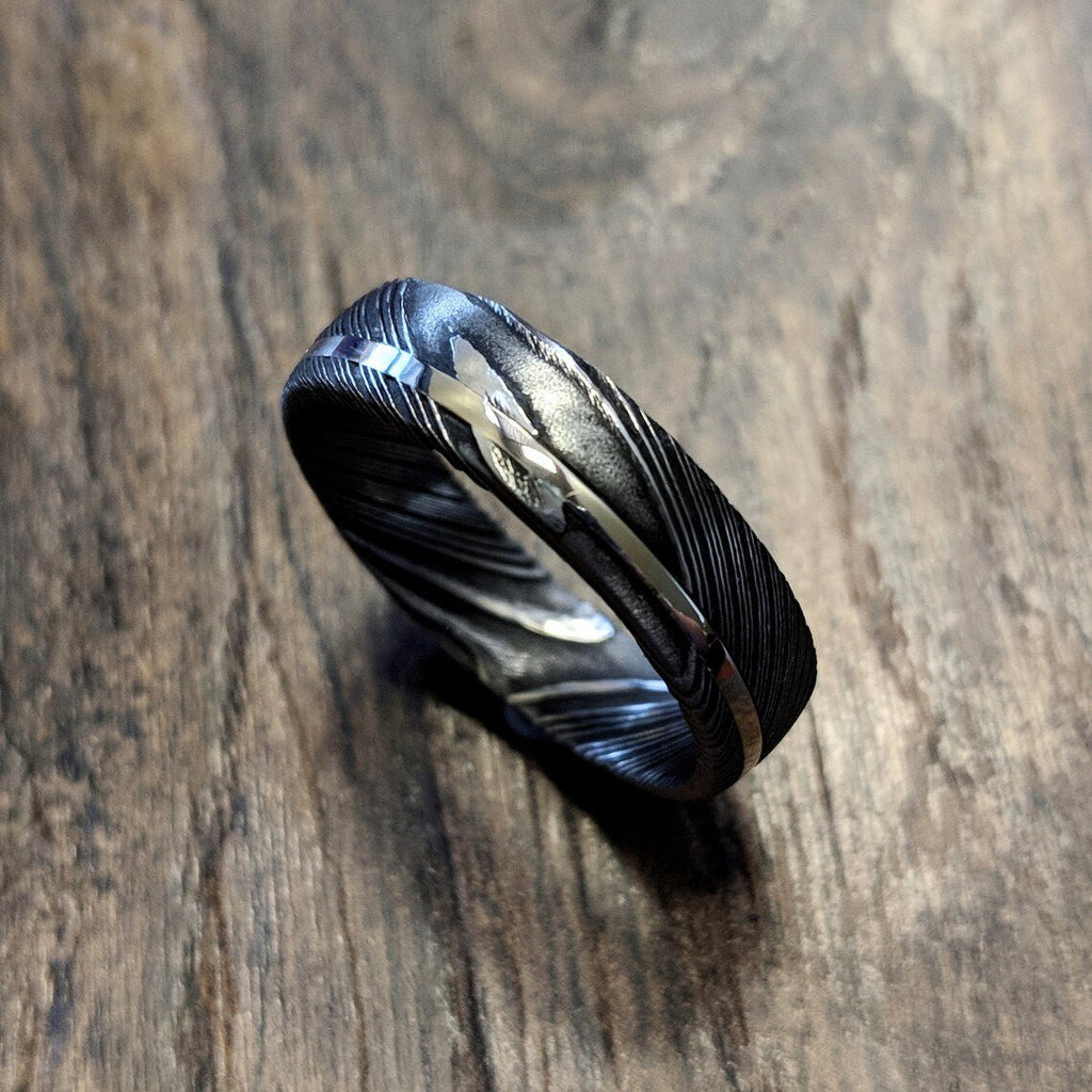 Damascus Steel Mens Wedding Band with 14k Solid White Gold Inlay