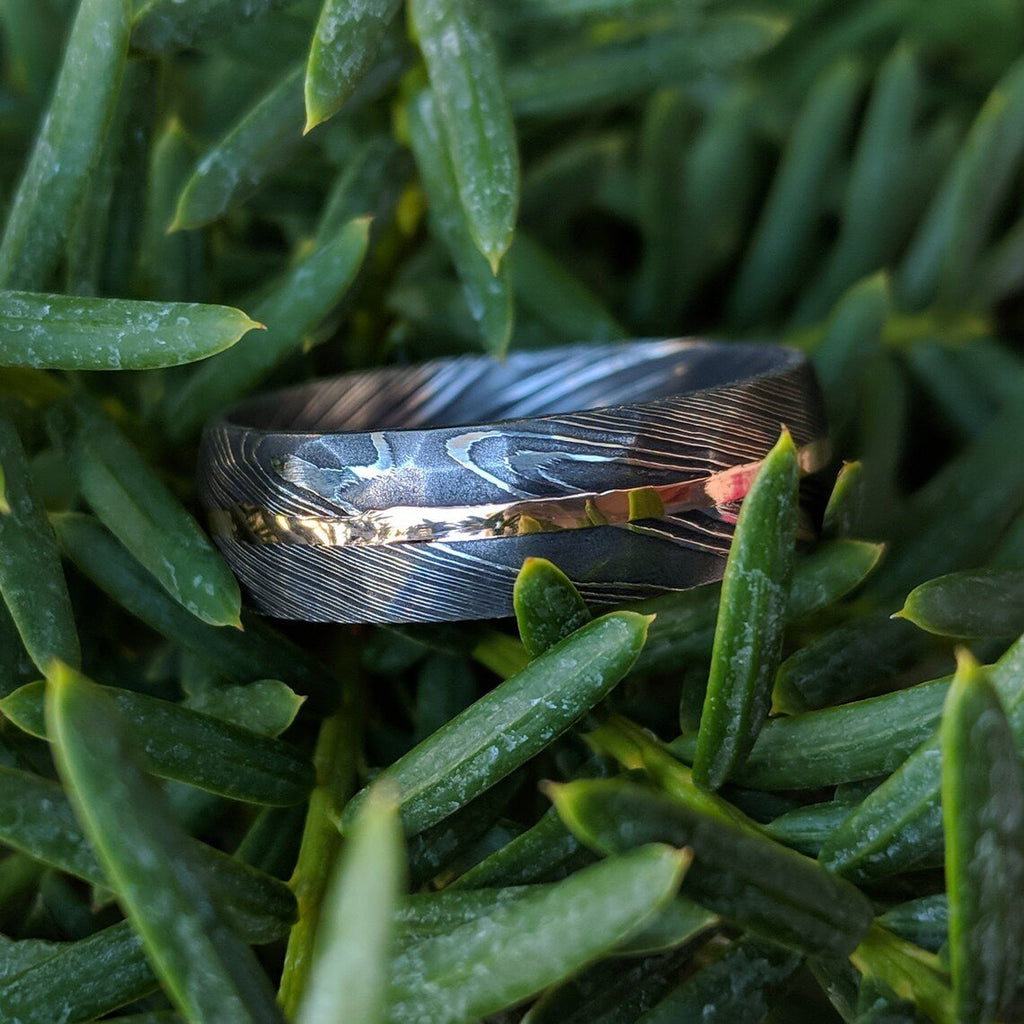 8mm Wide Hammered Damascus Steel Wedding Bands with 14k Solid Rose Gold Inlay