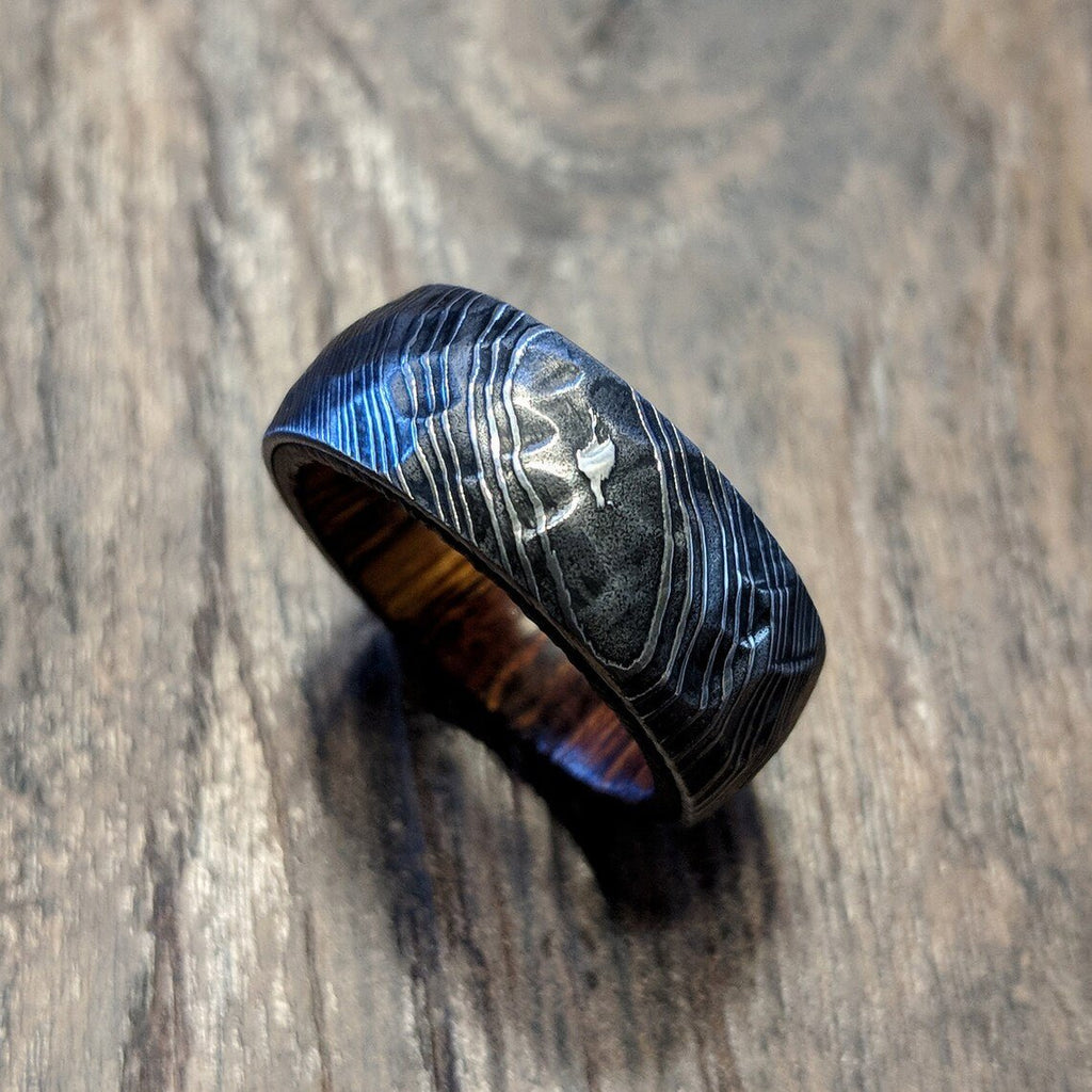 Damascus Steel Mens Wedding Band With Hammered Ironwood Sleeve