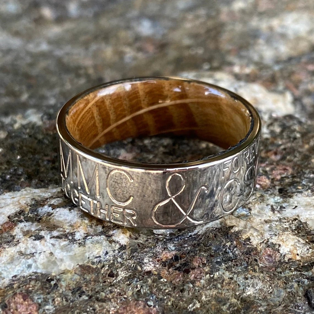 Personalized 8mm Duck Band With Whiskey Barrel Sleeve - USA Made Custom Wedding Bands & Rings