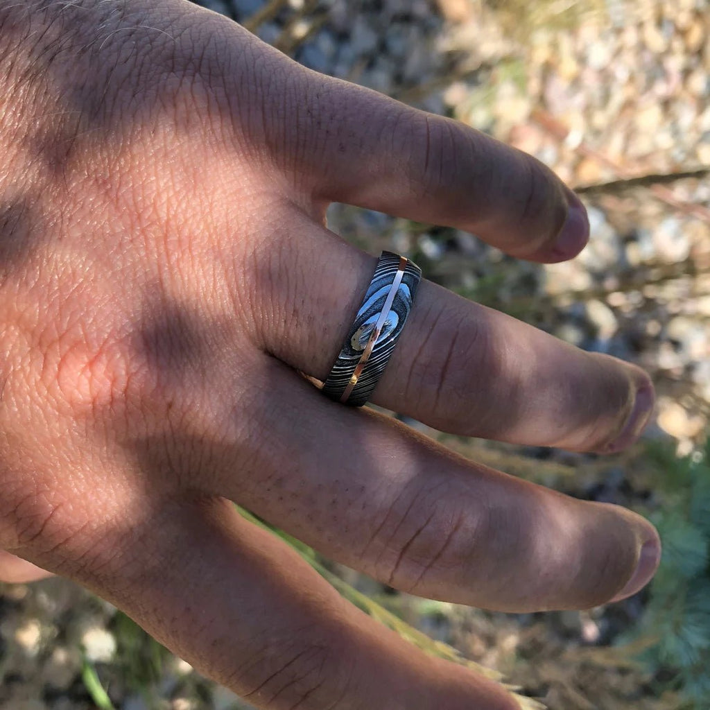 7mm Wide Damascus Steel Ring with 14k Solid White Gold Inlay