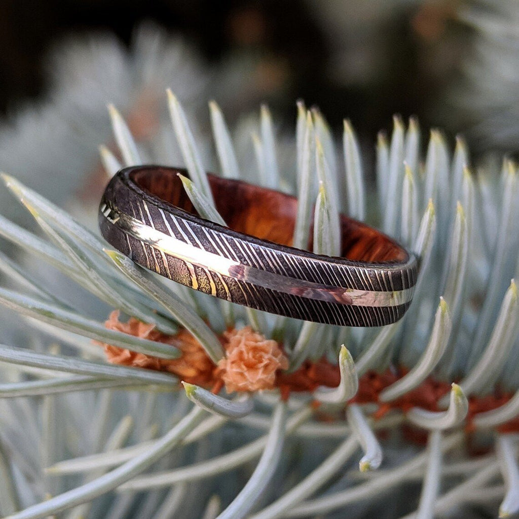 4mm 14k White Gold Damascus Steel Ring with Arizona Ironwood Sleeve
