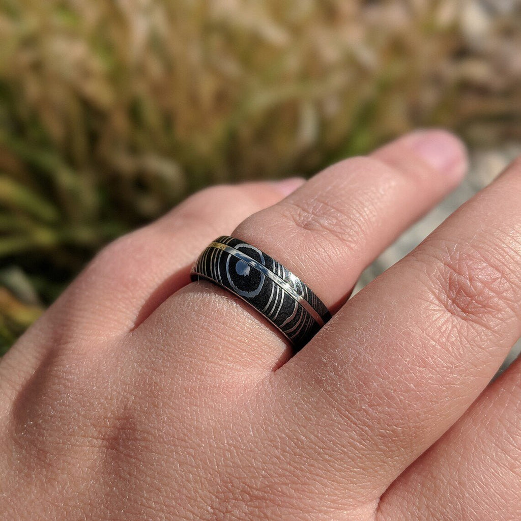 14k White Gold Damascus Wedding Band With Blue Ocean Sleeve
